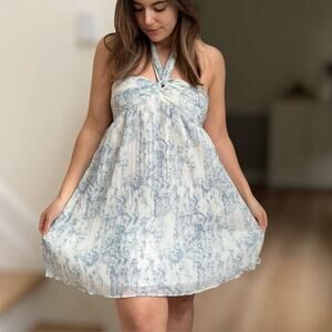 NEW Lush Halter Pleated Mini Dress M Ivory Blue